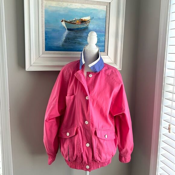 Vintage Jackets & Blazers - Vintage 80s Be in the Current Seen Hot Pink Lightweight Preppy Jacket Small